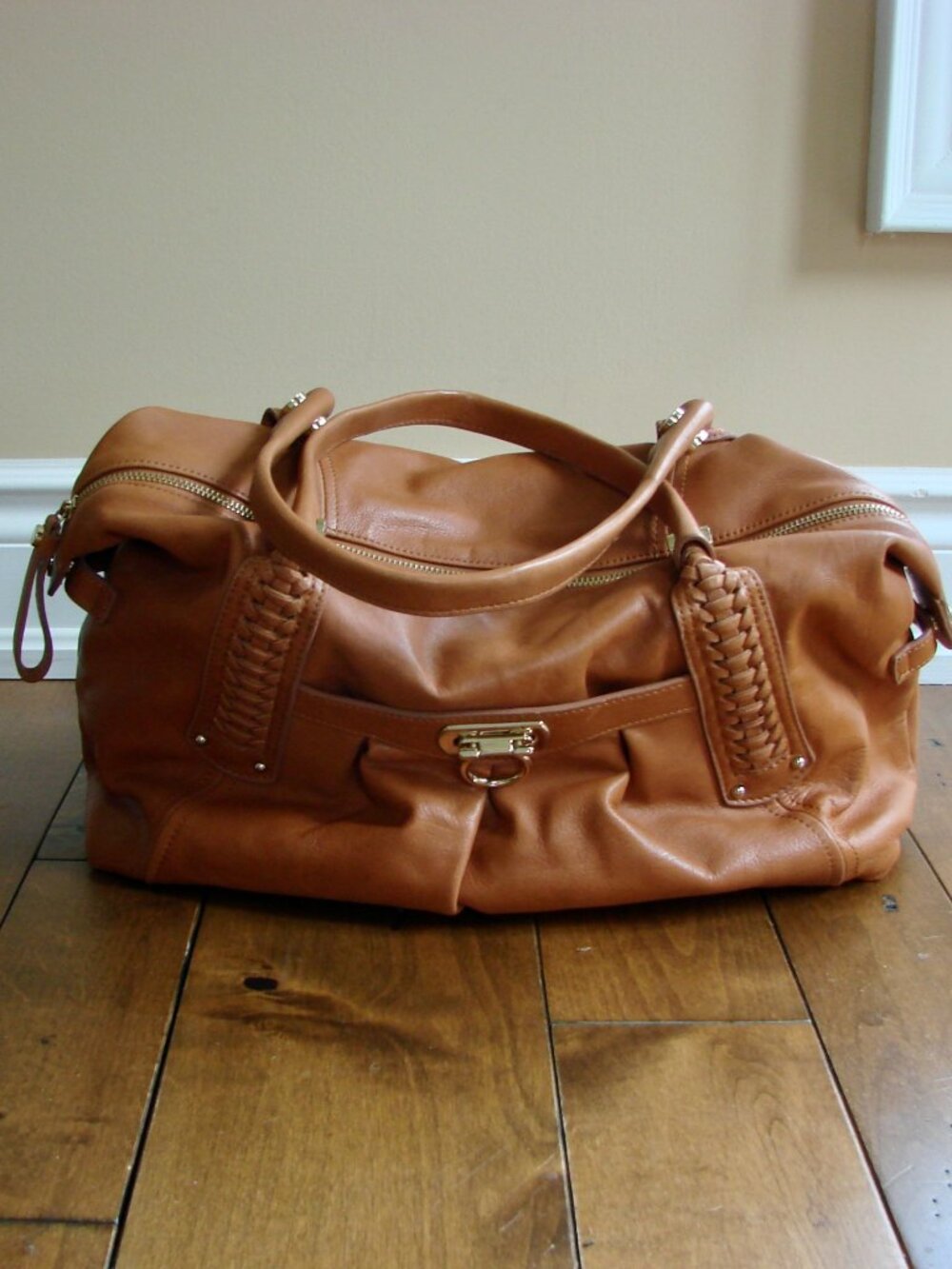 Aqua Madonna Tan Leather Satchel Bag Purse Boho Hobo Braid Gold Tone Hardware